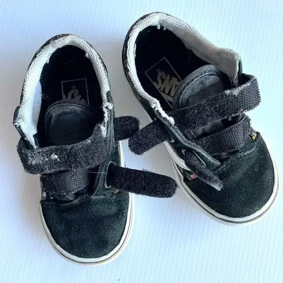 VANS Old Skool Floral Sneakers Toddler Size 1 Black Velcro Retro Skater Suede - Picture 2 of 9